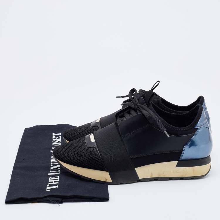 Pre Owned Balenciaga Black/Blue Fabric and Patent Leather Race Runner Low Top Sneakers Size 38