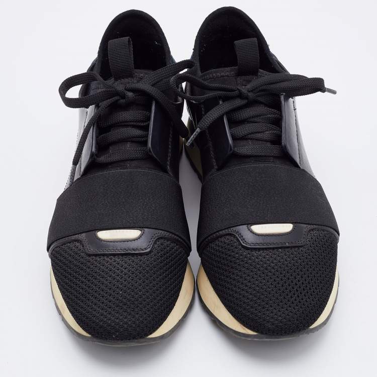 Pre Owned Balenciaga Black/Blue Fabric and Patent Leather Race Runner Low Top Sneakers Size 38