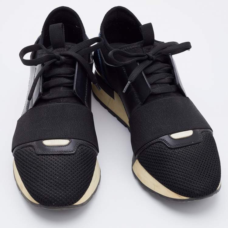 Pre Owned Balenciaga Black/Blue Fabric and Patent Leather Race Runner Low Top Sneakers Size 38