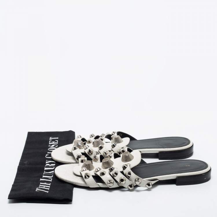 Pre Owned Balenciaga White Leather Arena Flat Slides Size 39