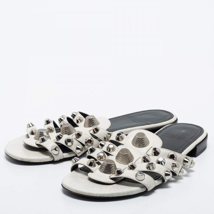 Pre Owned Balenciaga White Leather Arena Flat Slides Size 39