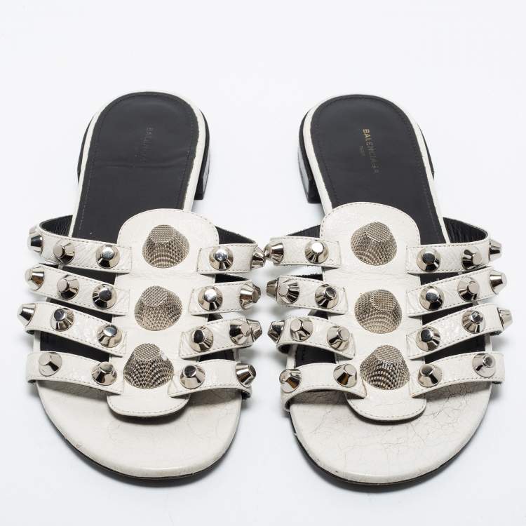 Pre Owned Balenciaga White Leather Arena Flat Slides Size 39