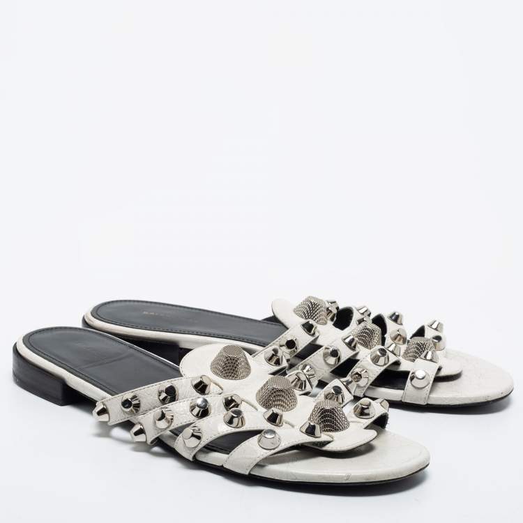 Pre Owned Balenciaga White Leather Arena Flat Slides Size 39
