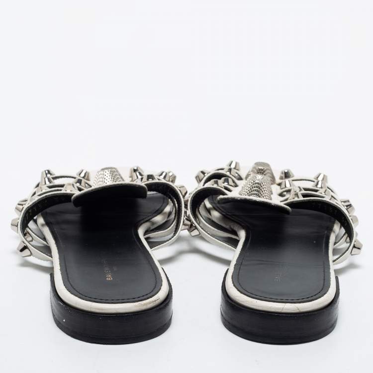 Pre Owned Balenciaga White Leather Arena Flat Slides Size 39
