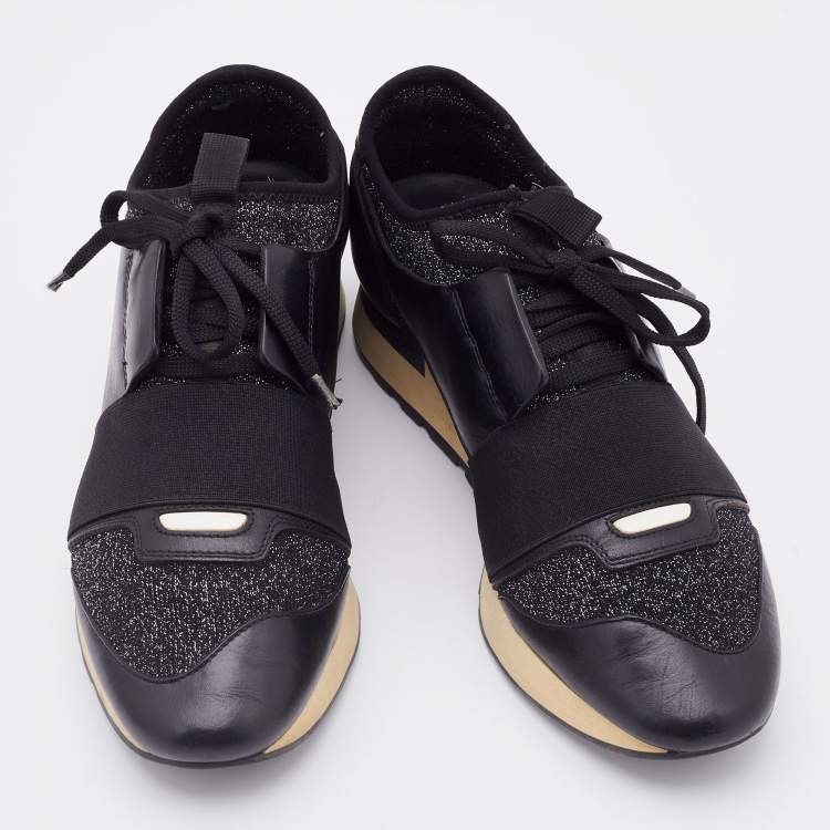 Pre Owned Balenciaga Black Knit Fabric and Leather Race Runner Low Top Sneakers Size 38