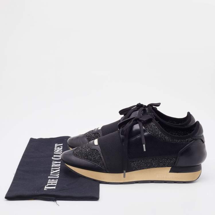 Pre Owned Balenciaga Black Knit Fabric and Leather Race Runner Low Top Sneakers Size 38
