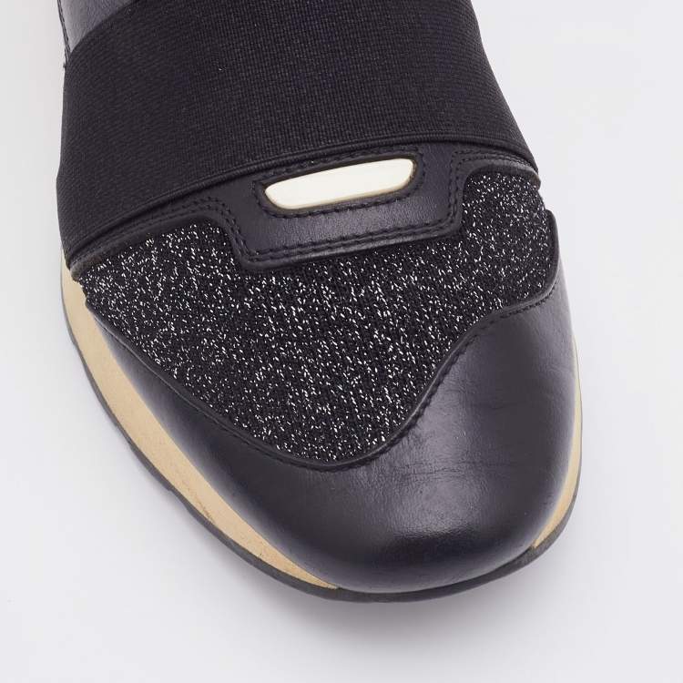 Pre Owned Balenciaga Black Knit Fabric and Leather Race Runner Low Top Sneakers Size 38