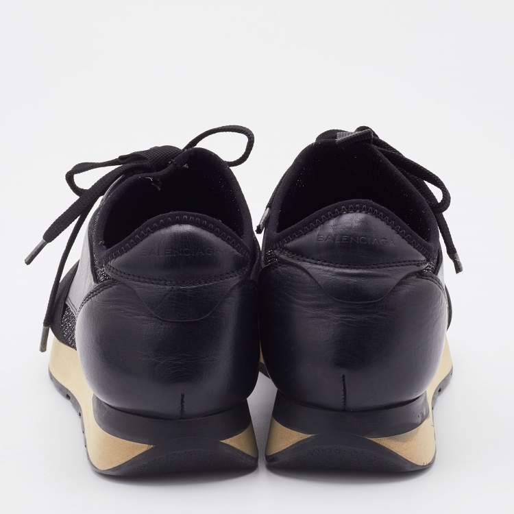 Pre Owned Balenciaga Black Knit Fabric and Leather Race Runner Low Top Sneakers Size 38