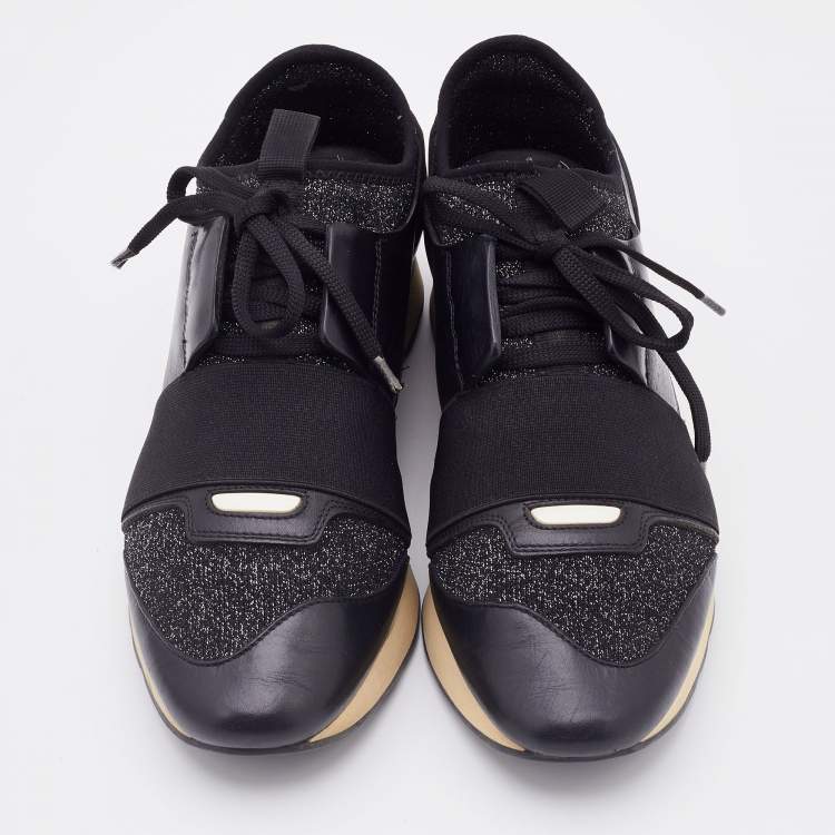 Pre Owned Balenciaga Black Knit Fabric and Leather Race Runner Low Top Sneakers Size 38
