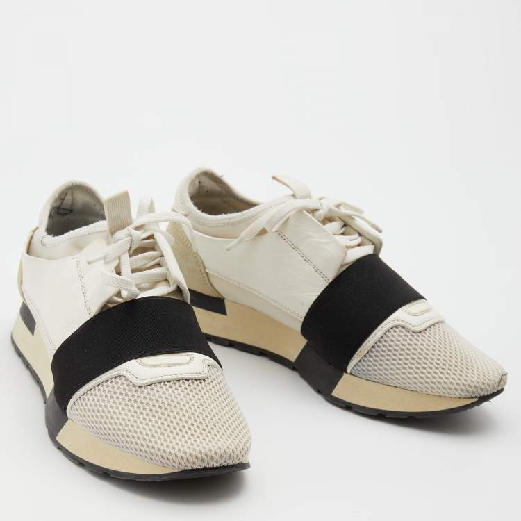 Pre Owned Balenciaga White/Black Leather and Mesh Race Runner Low Top Sneakers Size 37