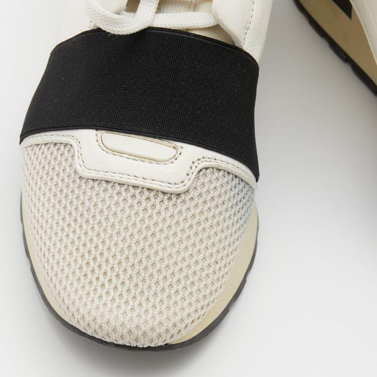 Pre Owned Balenciaga White/Black Leather and Mesh Race Runner Low Top Sneakers Size 37