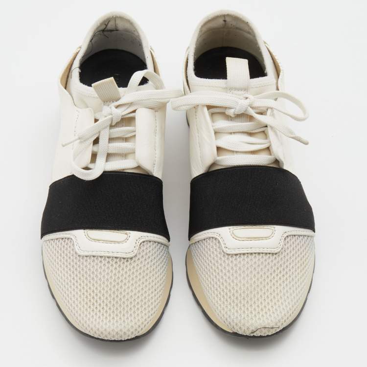 Pre Owned Balenciaga White/Black Leather and Mesh Race Runner Low Top Sneakers Size 37