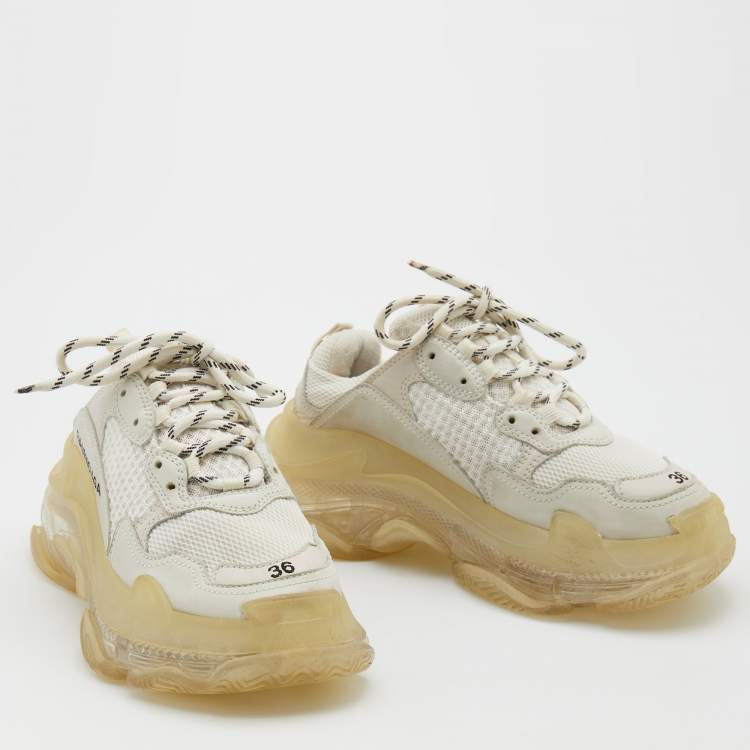 Pre Owned Balenciaga White Leather and Mesh Triple S Clear Low Top Sneakers Size 36