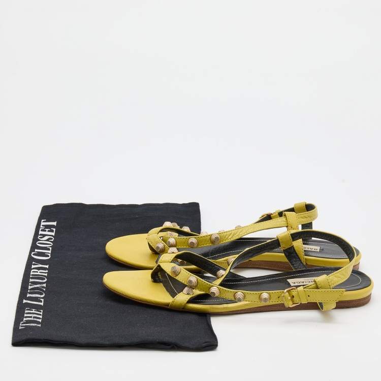 Pre Owned Balenciaga Yellow Leather Arena Studded Strappy Flats Size 38