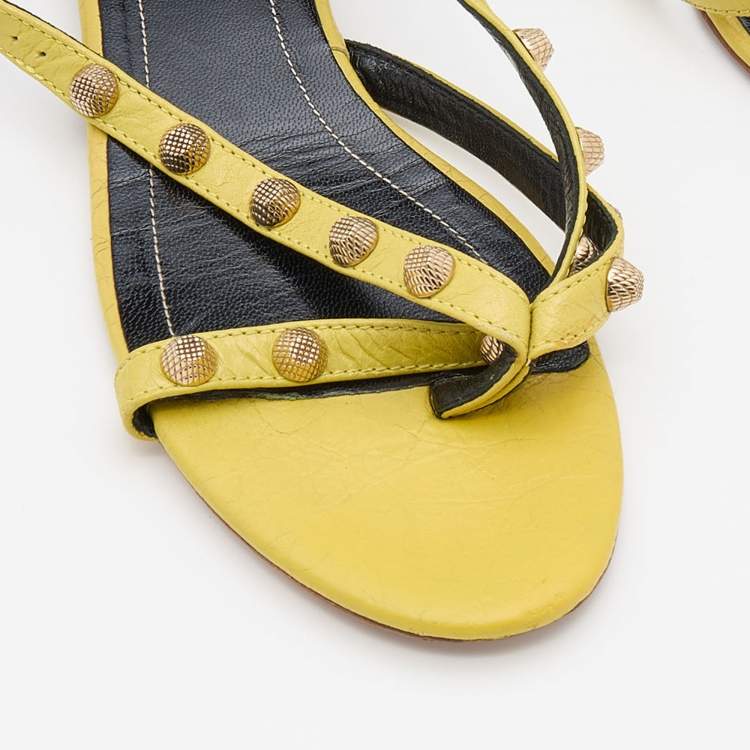 Pre Owned Balenciaga Yellow Leather Arena Studded Strappy Flats Size 38
