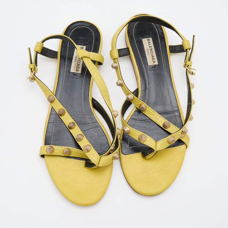 Pre Owned Balenciaga Yellow Leather Arena Studded Strappy Flats Size 38