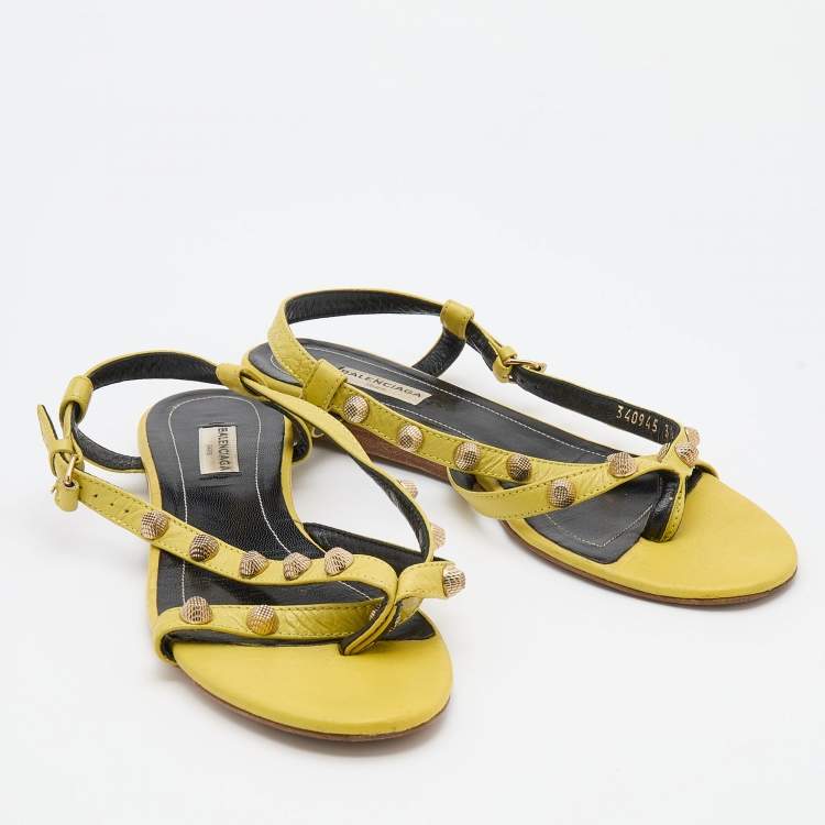 Pre Owned Balenciaga Yellow Leather Arena Studded Strappy Flats Size 38