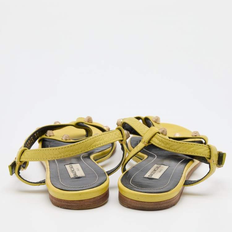 Pre Owned Balenciaga Yellow Leather Arena Studded Strappy Flats Size 38