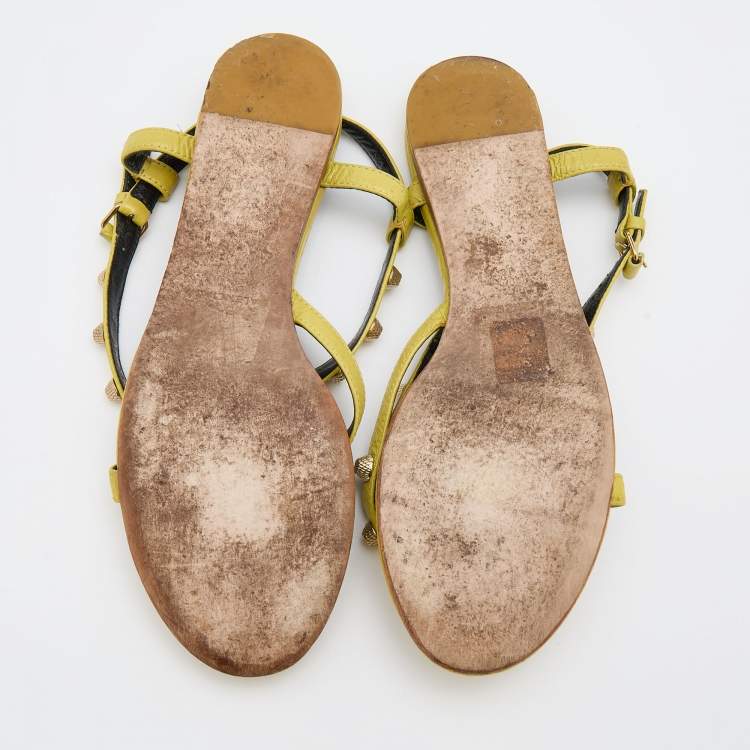 Pre Owned Balenciaga Yellow Leather Arena Studded Strappy Flats Size 38
