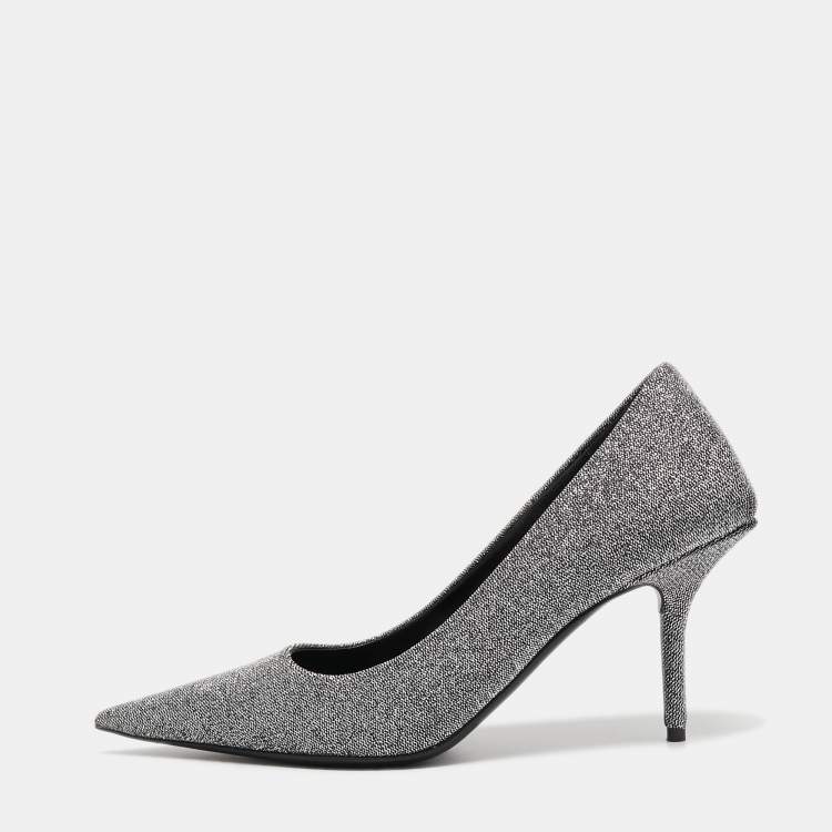 Pre Owned Balenciaga Silver/Black Lurex Fabric Square Knife Pumps Size 38