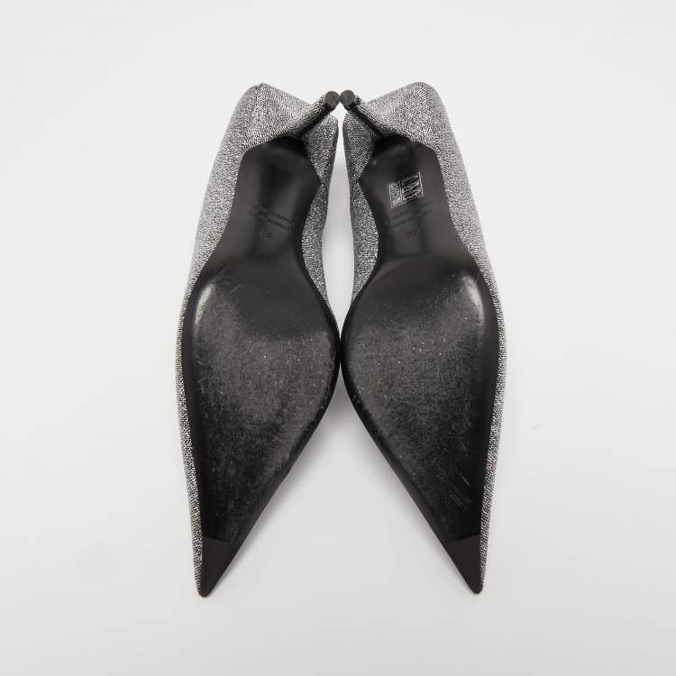 Pre Owned Balenciaga Silver/Black Lurex Fabric Square Knife Pumps Size 38