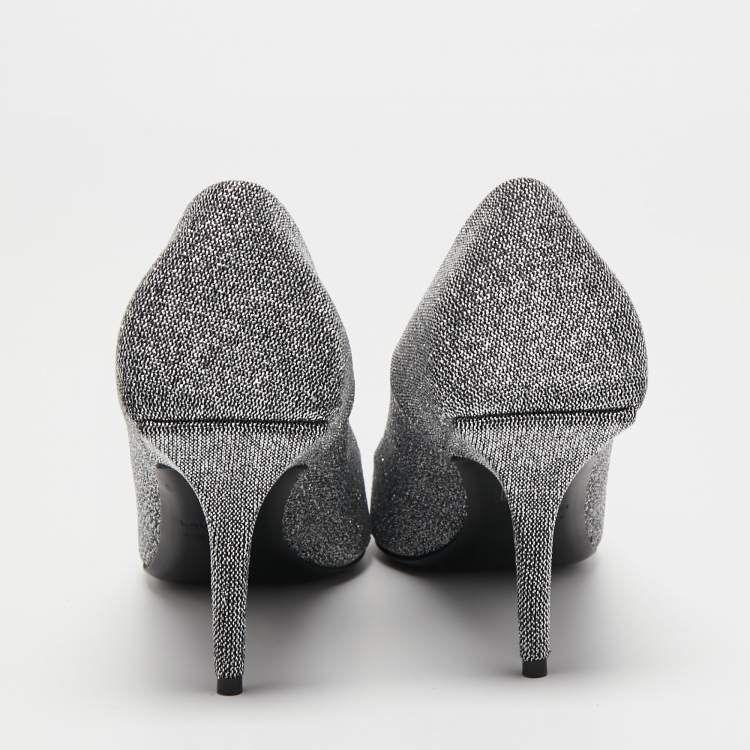 Pre Owned Balenciaga Silver/Black Lurex Fabric Square Knife Pumps Size 38