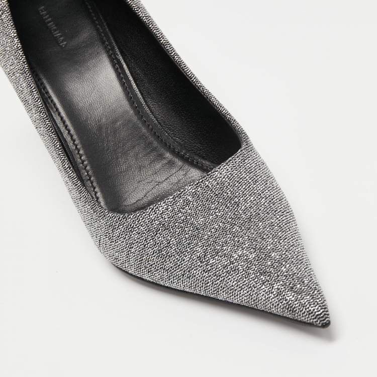 Pre Owned Balenciaga Silver/Black Lurex Fabric Square Knife Pumps Size 38