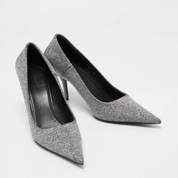 Pre Owned Balenciaga Silver/Black Lurex Fabric Square Knife Pumps Size 38