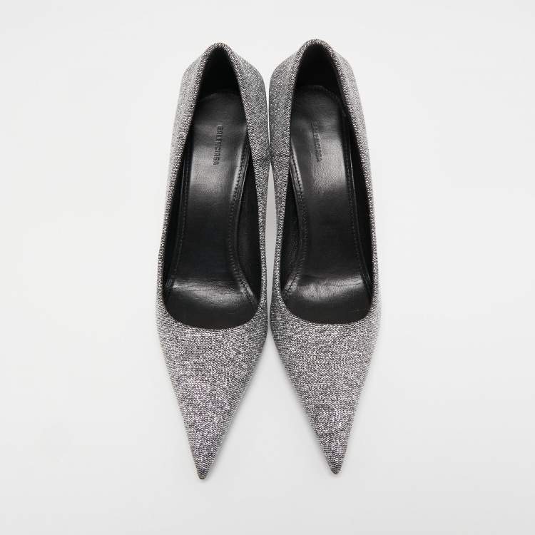 Pre Owned Balenciaga Silver/Black Lurex Fabric Square Knife Pumps Size 38