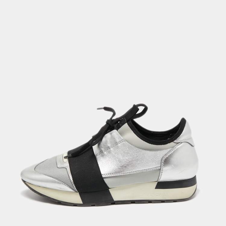 مملوكة مسبقًا Balenciaga Silver/Black Leather and Fabric Race Runner Sneakers Size 38
