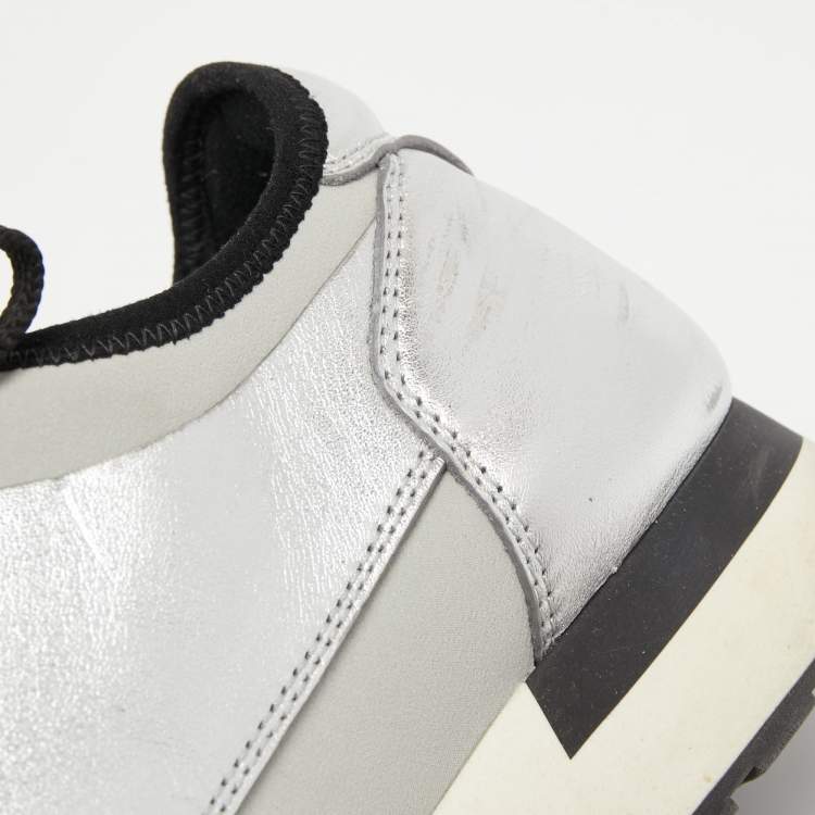 مملوكة مسبقًا Balenciaga Silver/Black Leather and Fabric Race Runner Sneakers Size 38