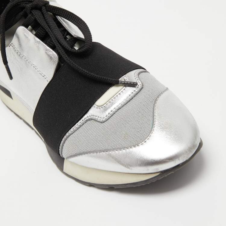مملوكة مسبقًا Balenciaga Silver/Black Leather and Fabric Race Runner Sneakers Size 38