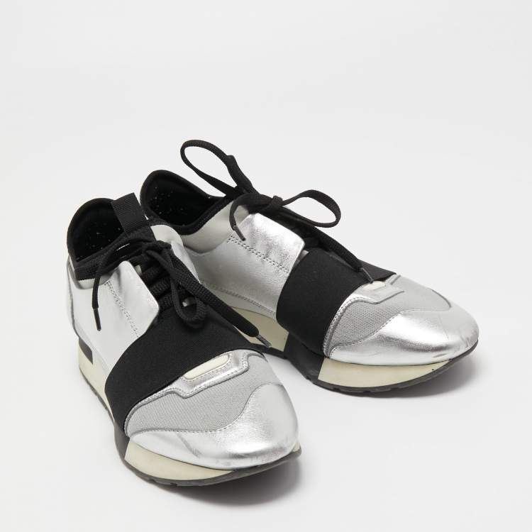 مملوكة مسبقًا Balenciaga Silver/Black Leather and Fabric Race Runner Sneakers Size 38