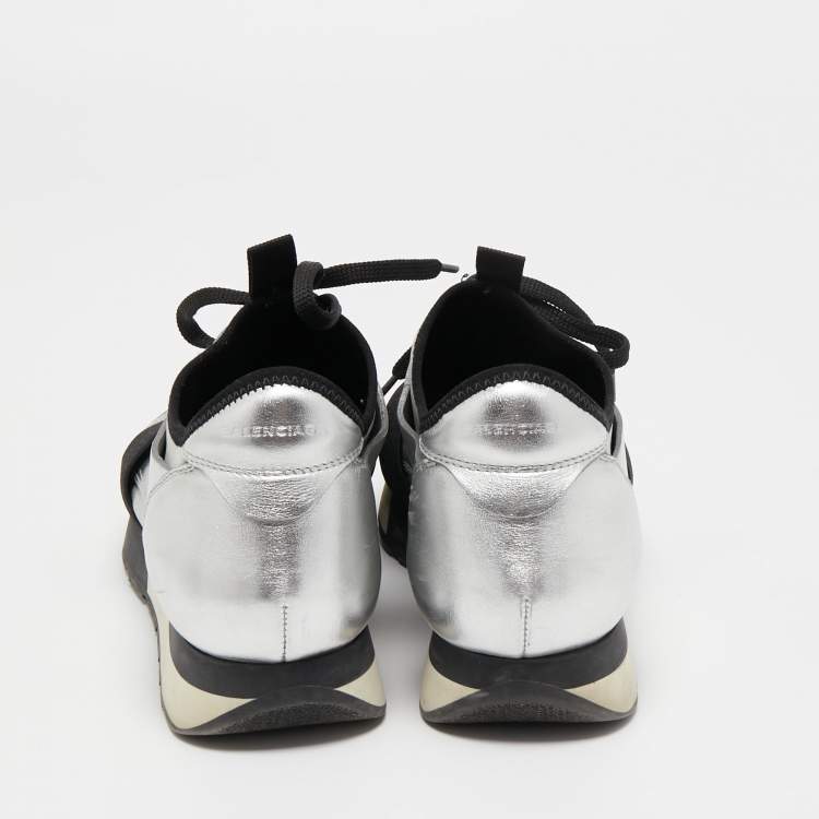 مملوكة مسبقًا Balenciaga Silver/Black Leather and Fabric Race Runner Sneakers Size 38