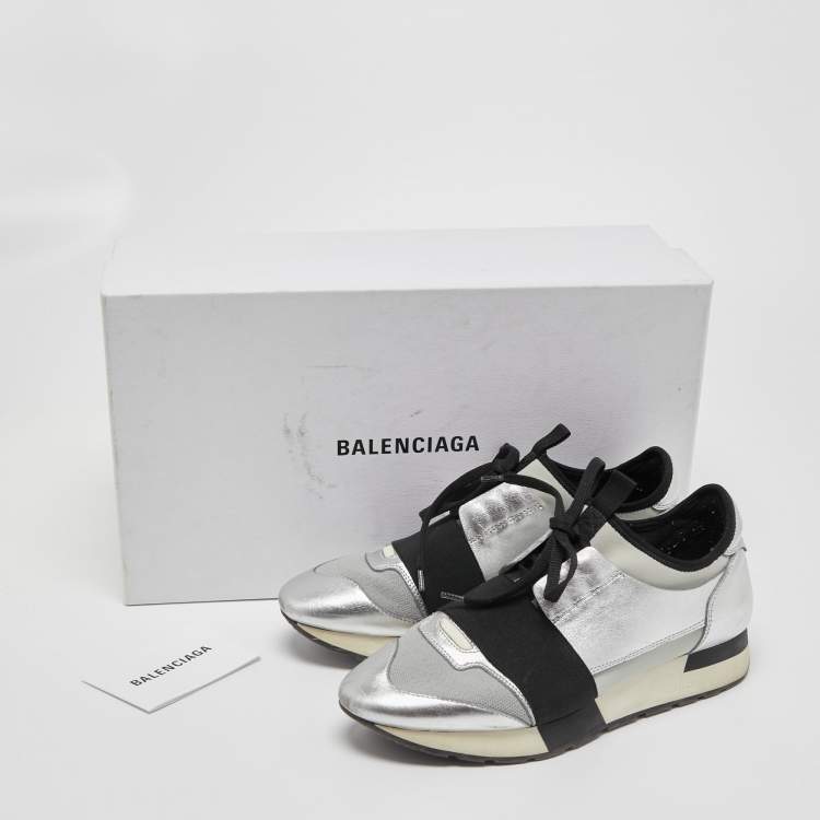 مملوكة مسبقًا Balenciaga Silver/Black Leather and Fabric Race Runner Sneakers Size 38