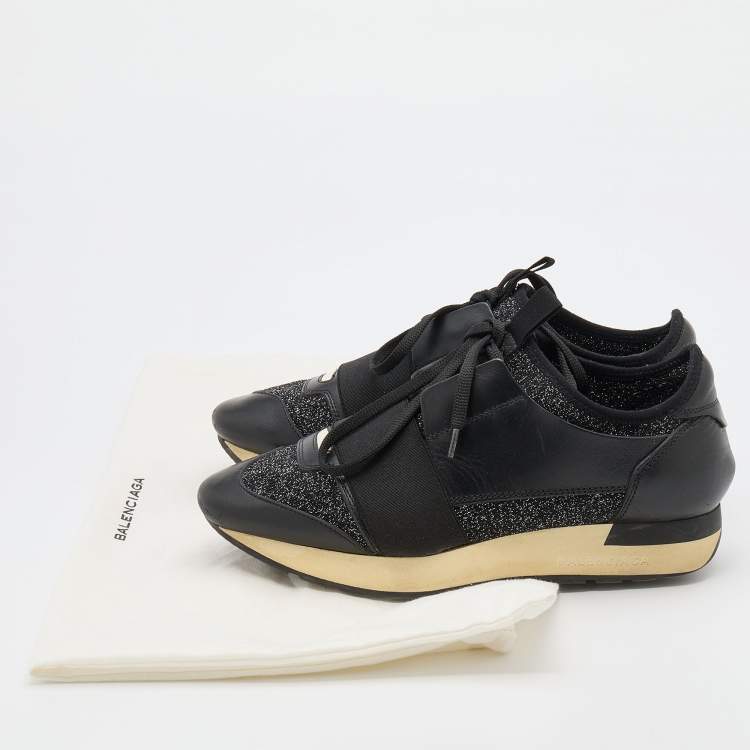 Pre Owned Balenciaga Black Leather and Stretch Knit Race Runner Low Top Sneakers Size 36