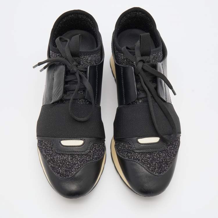 Pre Owned Balenciaga Black Leather and Stretch Knit Race Runner Low Top Sneakers Size 36