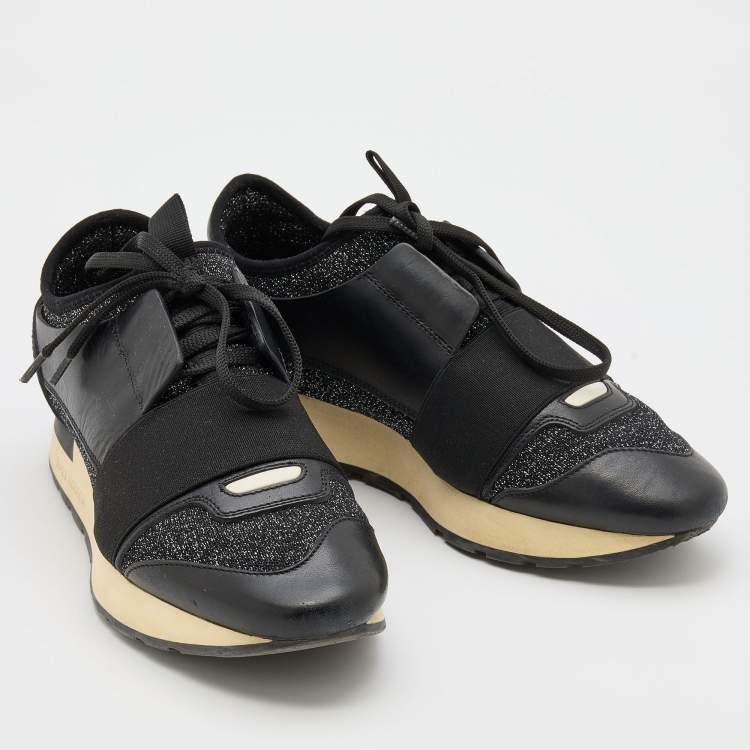 Pre Owned Balenciaga Black Leather and Stretch Knit Race Runner Low Top Sneakers Size 36