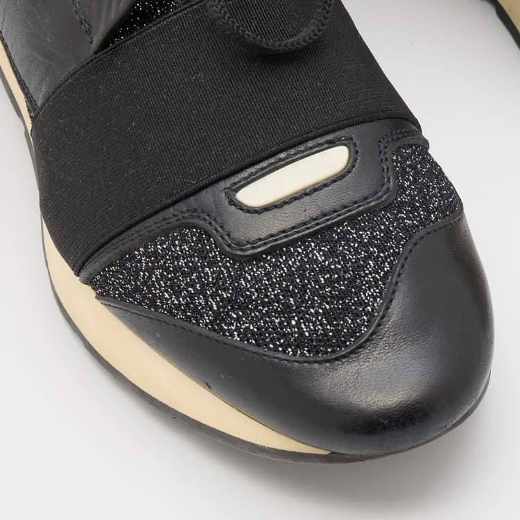 Pre Owned Balenciaga Black Leather and Stretch Knit Race Runner Low Top Sneakers Size 36
