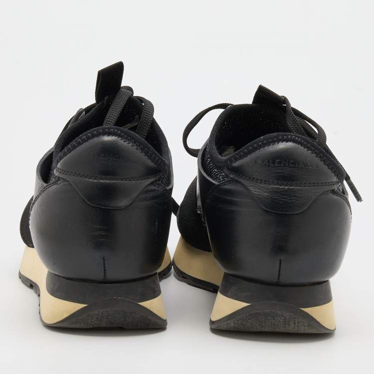 Pre Owned Balenciaga Black Leather and Stretch Knit Race Runner Low Top Sneakers Size 36