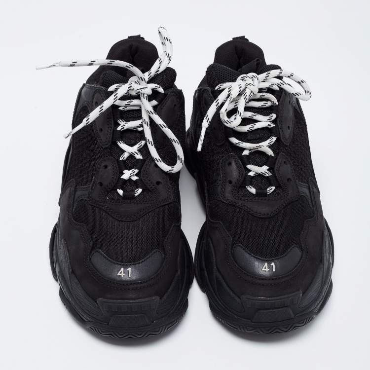 Pre Owned Balenciaga Black Mesh and Leather Triple S Sneakers Size 41