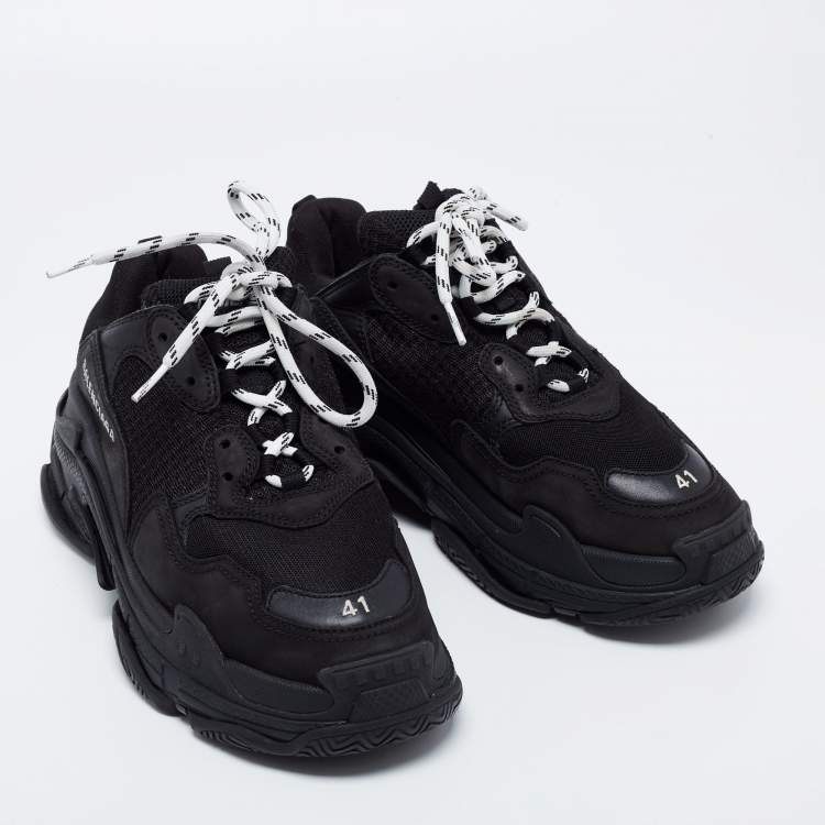 Pre Owned Balenciaga Black Mesh and Leather Triple S Sneakers Size 41