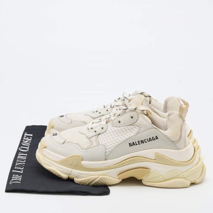 Pre Owned Balenciaga White/Grey Leather and Mesh Triple S Sneakers Size 38