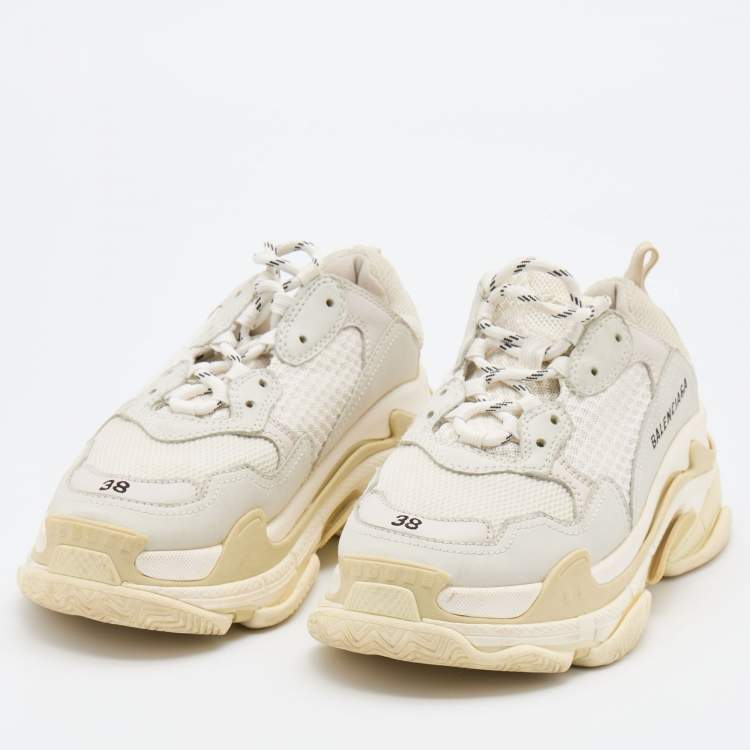 Balenciaga White/Grey Leather and Mesh Triple S Sneakers Size 38