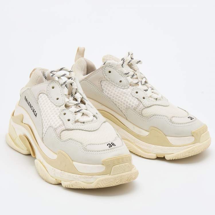 Pre Owned Balenciaga White/Grey Leather and Mesh Triple S Sneakers Size 38