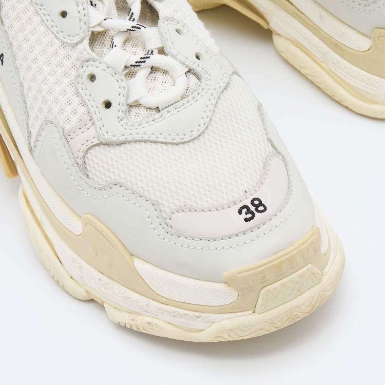 Pre Owned Balenciaga White/Grey Leather and Mesh Triple S Sneakers Size 38