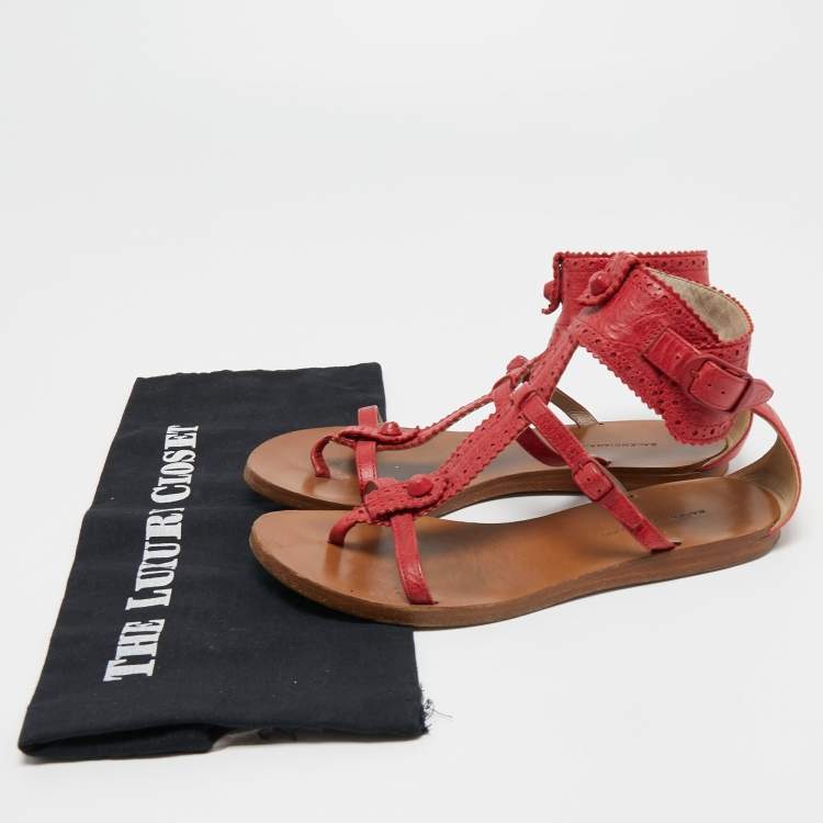 Pre Owned Balenciaga Red Brogue Leather Flat Thong Sandals Size 37.5