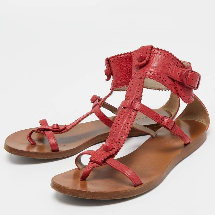 Pre Owned Balenciaga Red Brogue Leather Flat Thong Sandals Size 37.5