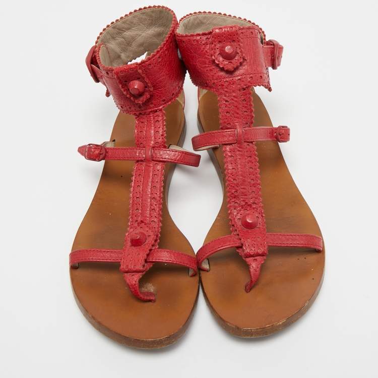 Pre Owned Balenciaga Red Brogue Leather Flat Thong Sandals Size 37.5
