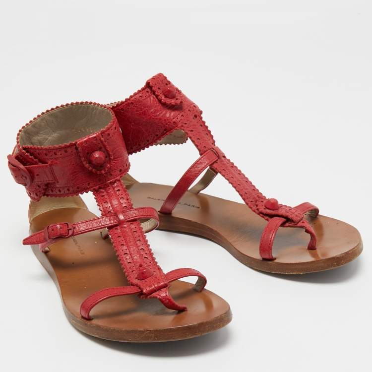 Pre Owned Balenciaga Red Brogue Leather Flat Thong Sandals Size 37.5